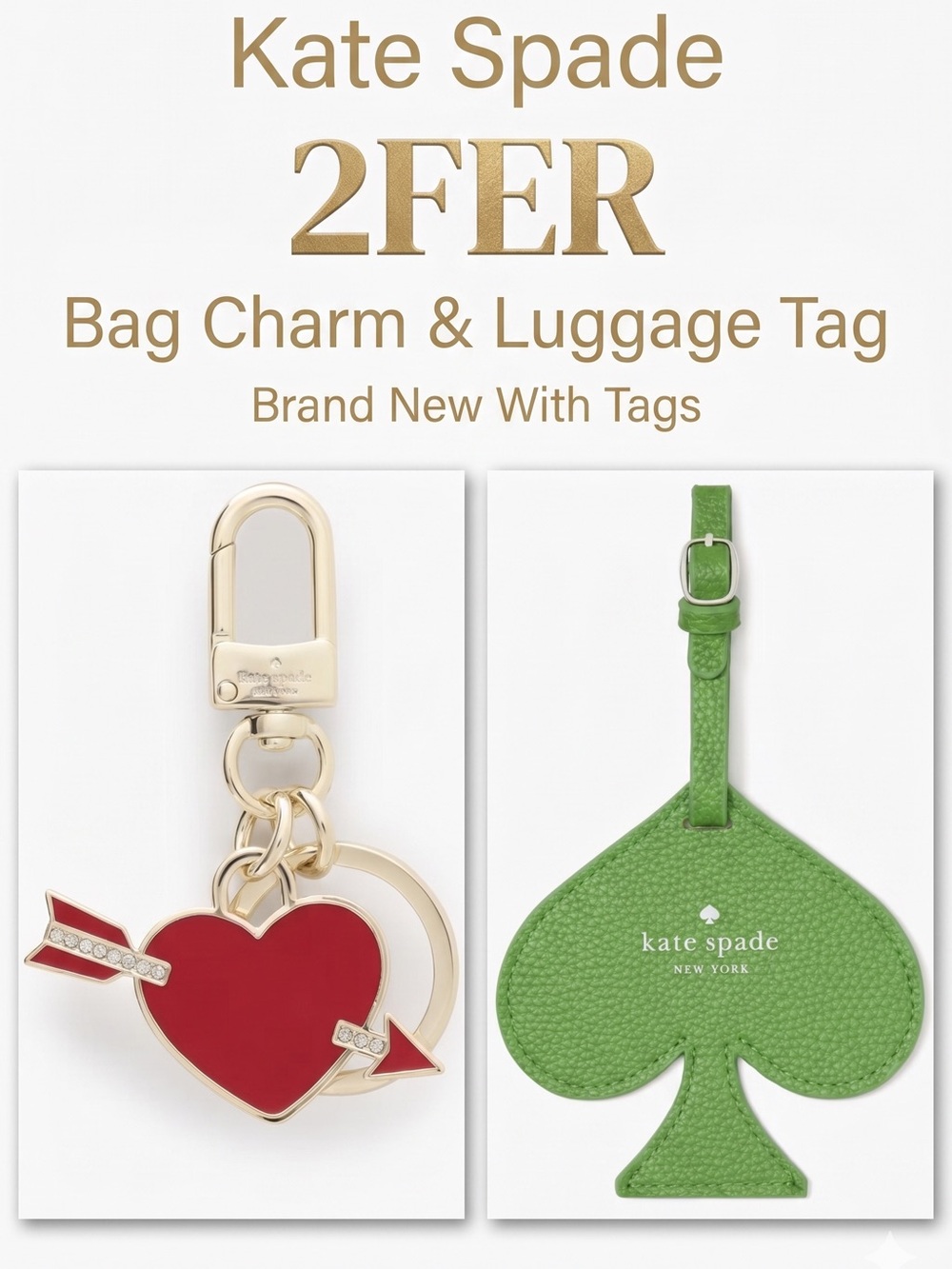 Kate Spade ♠️ Love Shack Red Heart Bag Charm & Green Spade Luggage Tag NWT 2FER